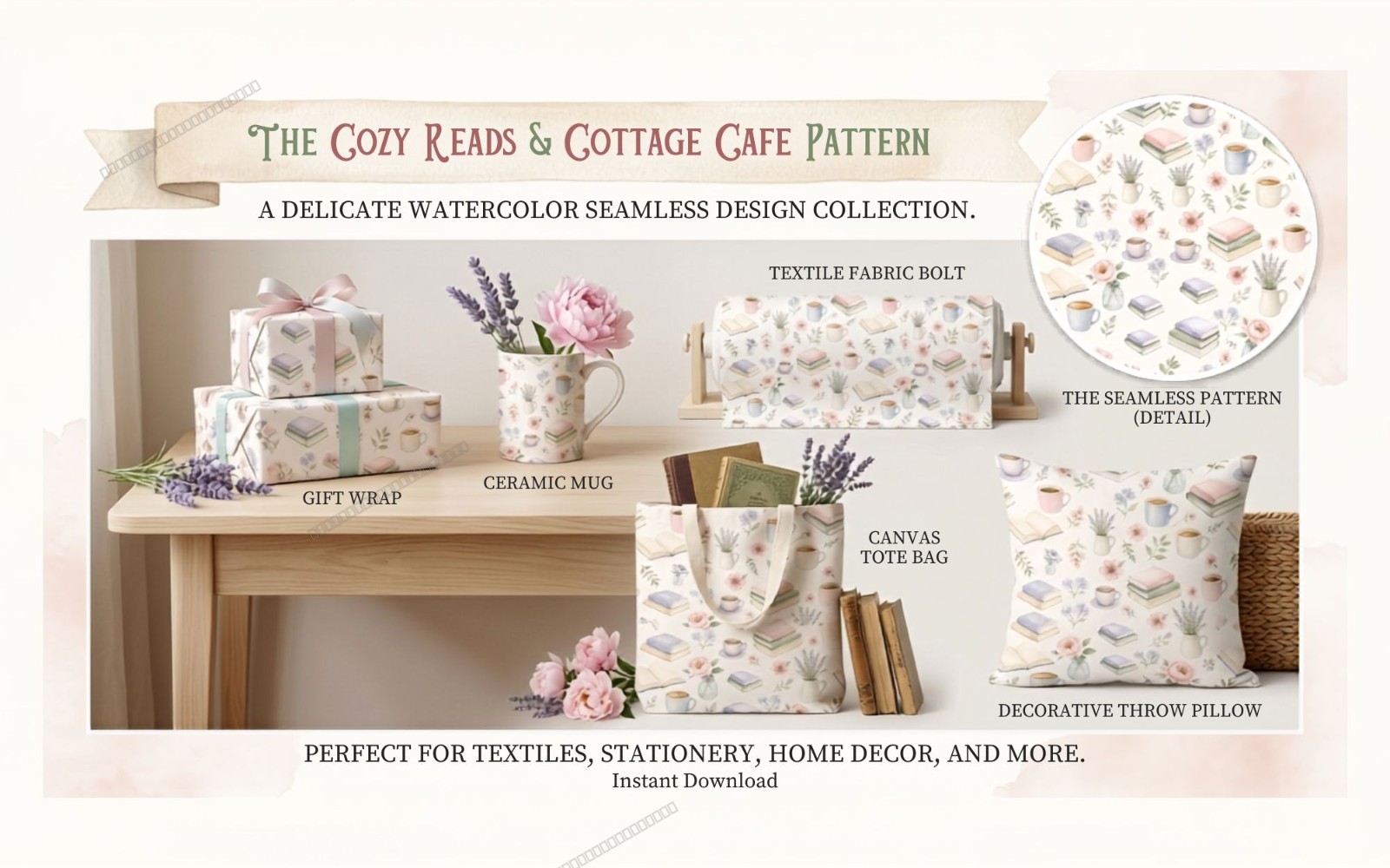 The Cozy Reads and Cottage Cafe Seamless Pattern | Soft Reader Digital Paper