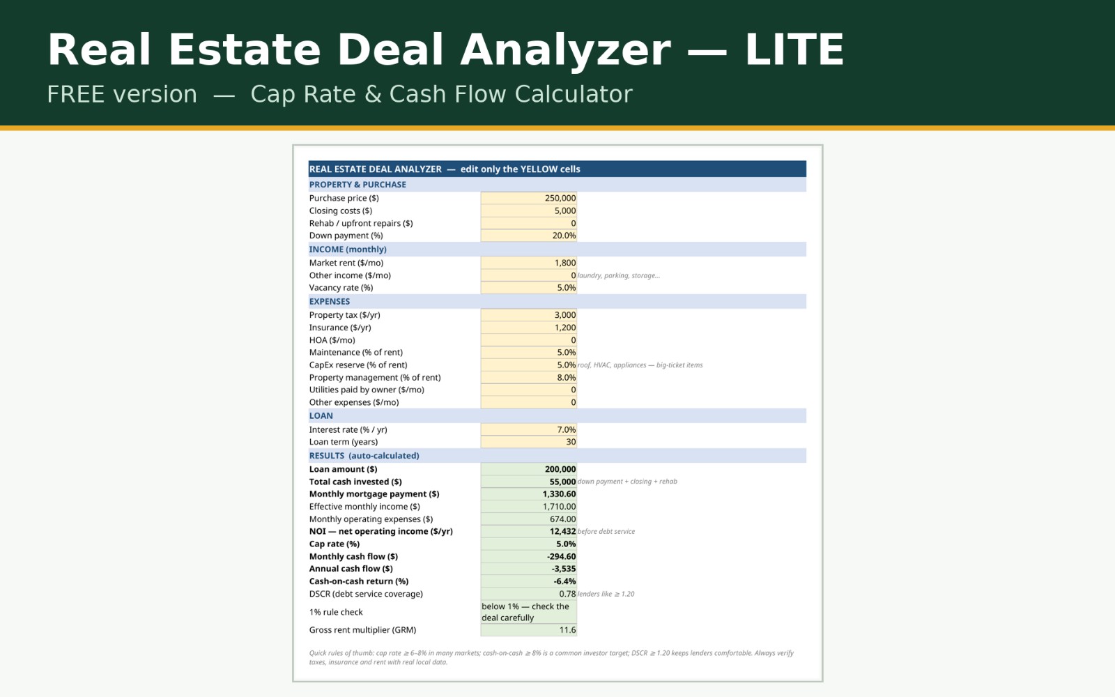 Real Estate Deal Analyzer — LITE (Free)