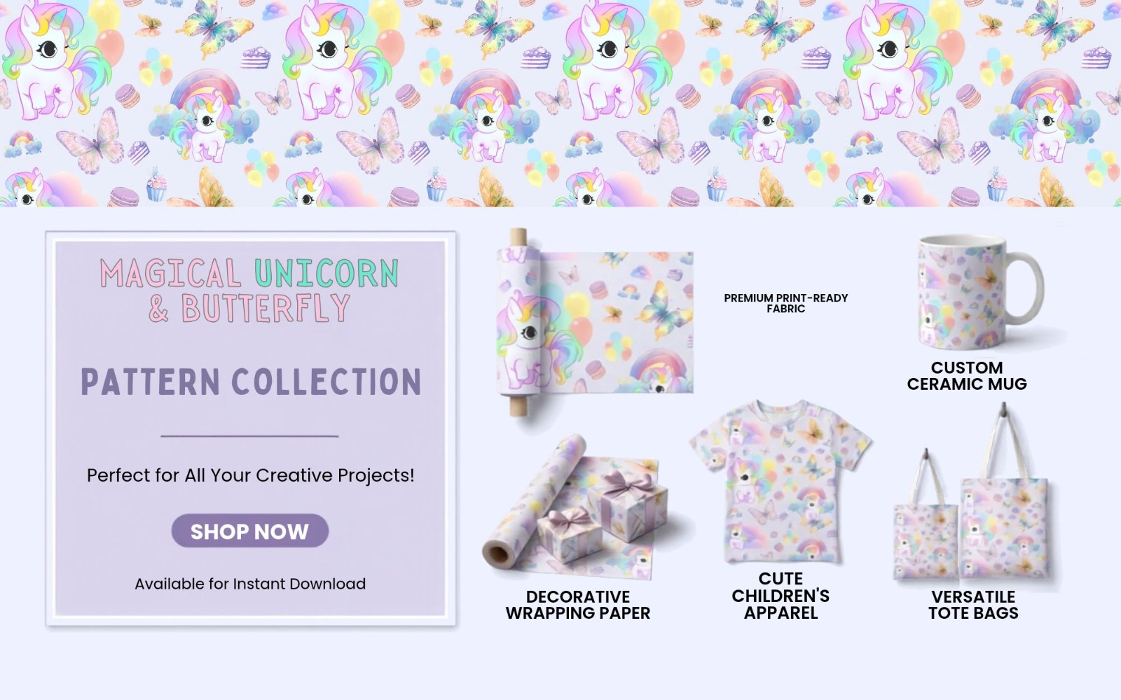 Magical Pastel Unicorn and Butterfly Seamless Pattern | Cute Rainbow Digital Paper