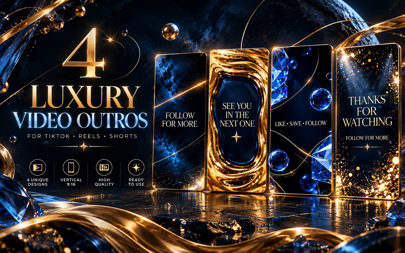 4 Luxury Blue & Gold Video Outros | TikTok... | Getly
