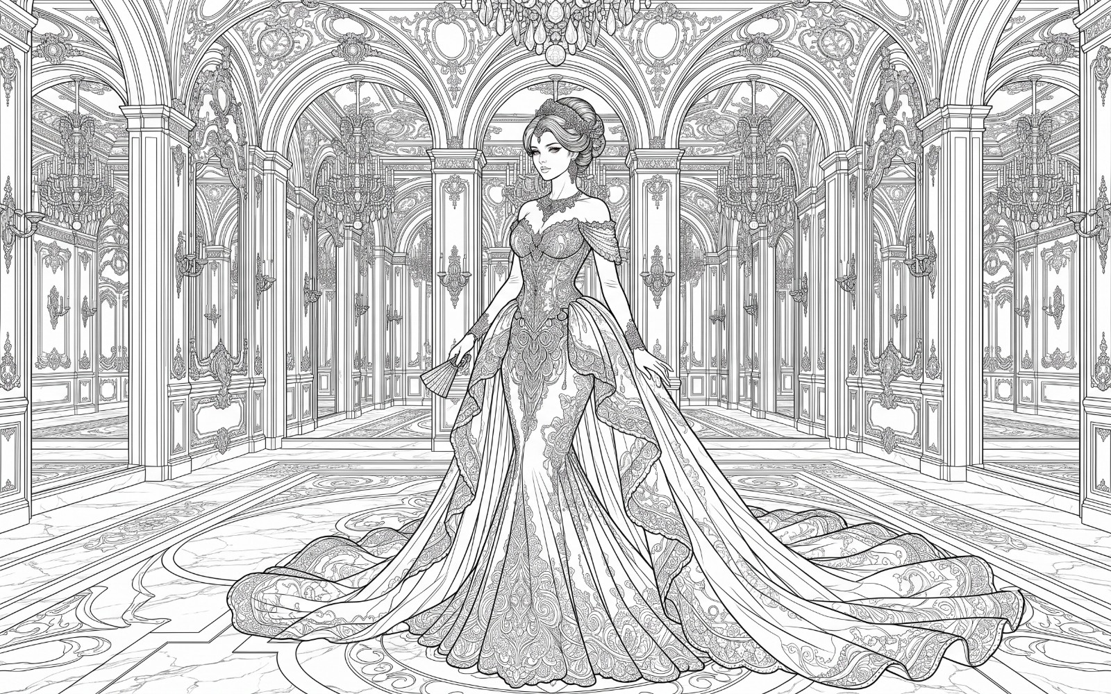 Royal Palace Princess Coloring Page | 2K High-Res Printable