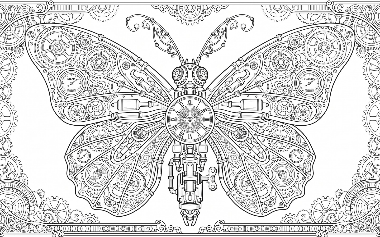 Steampunk Mechanical Gear World 12 Coloring Pages Bundle | Ultra High Resolution 2K Printable Digital Line Art Book for