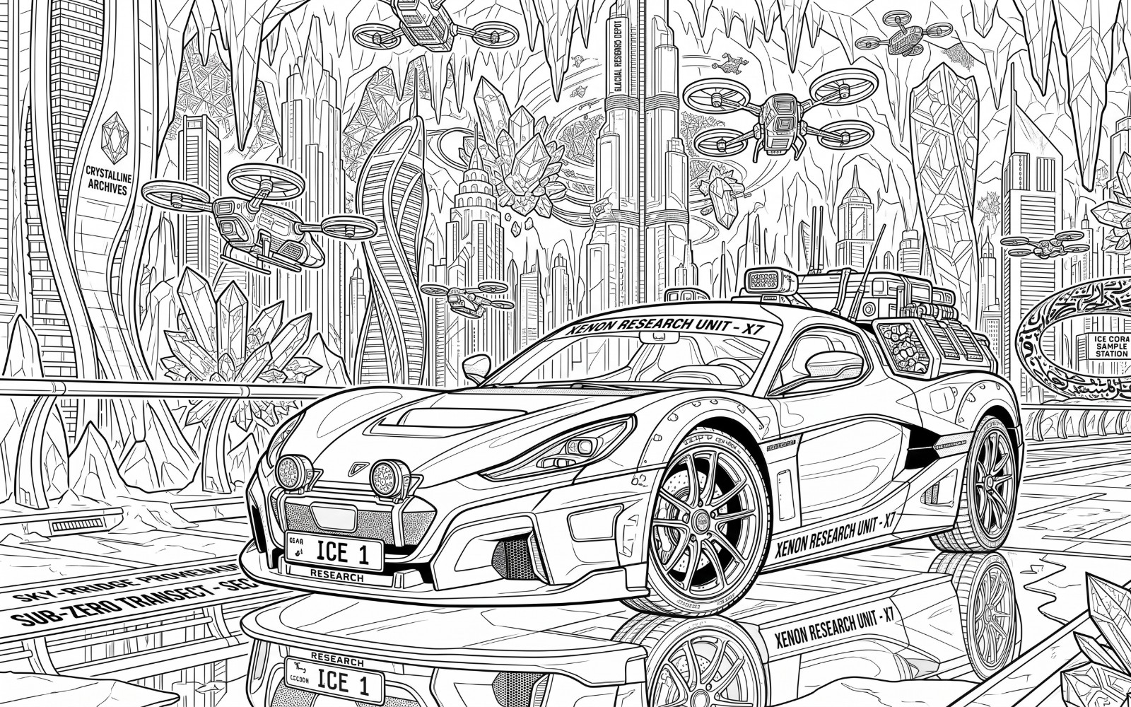 Futuristic Supercars & Cyberpunk Tech Printable Coloring Book | High-Res 2K PDF
