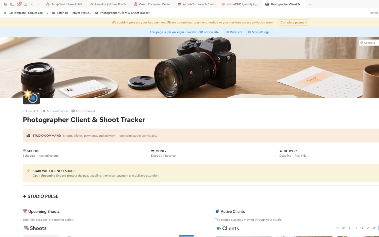 Photographer Client & Shoot Tracker — Notion Template
