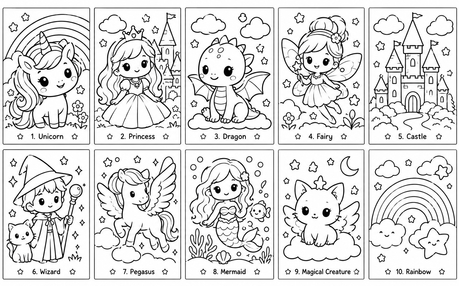 Magical World Coloring Pages for Kids, 10 Cute Fantasy Coloring Sheets, Unicorn, Princess, Dragon & Fairy, Printable JPG