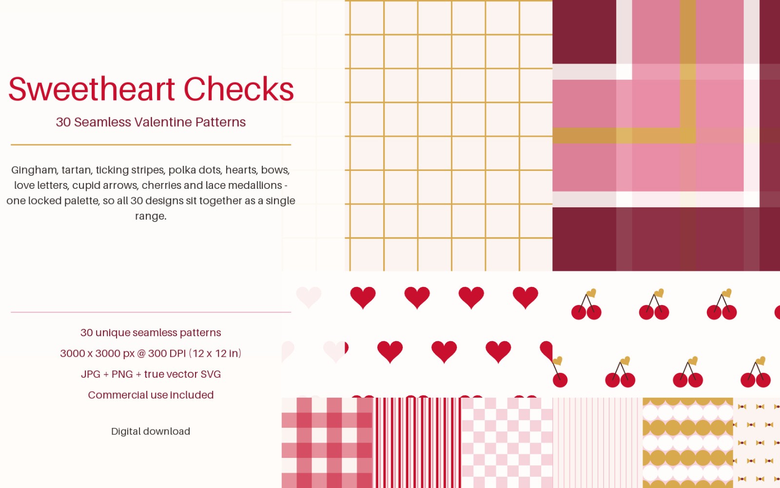 30 Valentine Seamless Patterns | Gingham Hearts & Tartan Digital Paper | JPG PNG SVG | Commercial Use