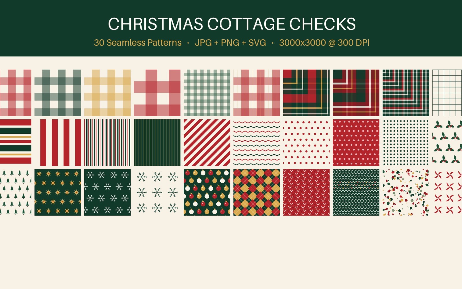 30 Christmas Seamless Patterns | Cottage Gingham & Tartan Digital Paper | JPG PNG SVG | Commercial Use