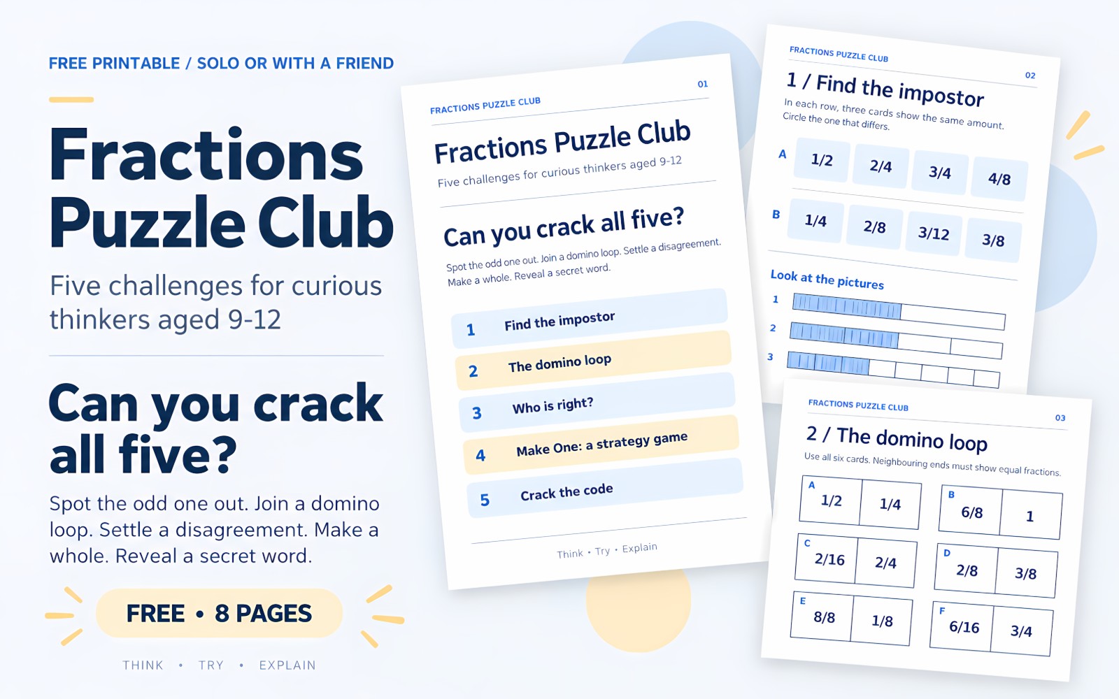 Fractions Puzzle Club — Free 8-Page Printable