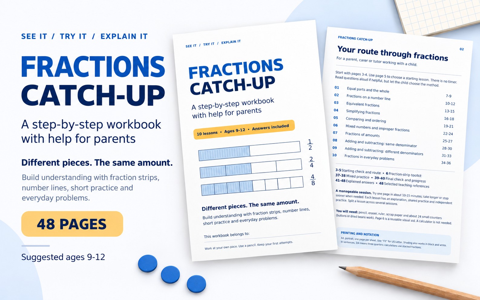Fractions Catch-up — 48-Page Maths Workbook for Ages 9–12