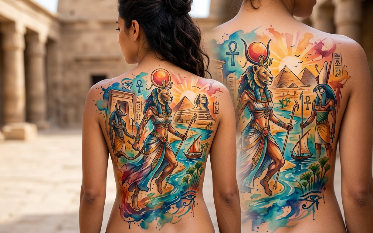 Watercolor style tattoo of a egypt, vibrant colors, dynamic pose, back piece.