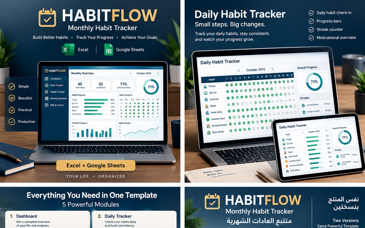 HabitFlow – Monthly Habit Tracker | Excel + Google Sheets Template