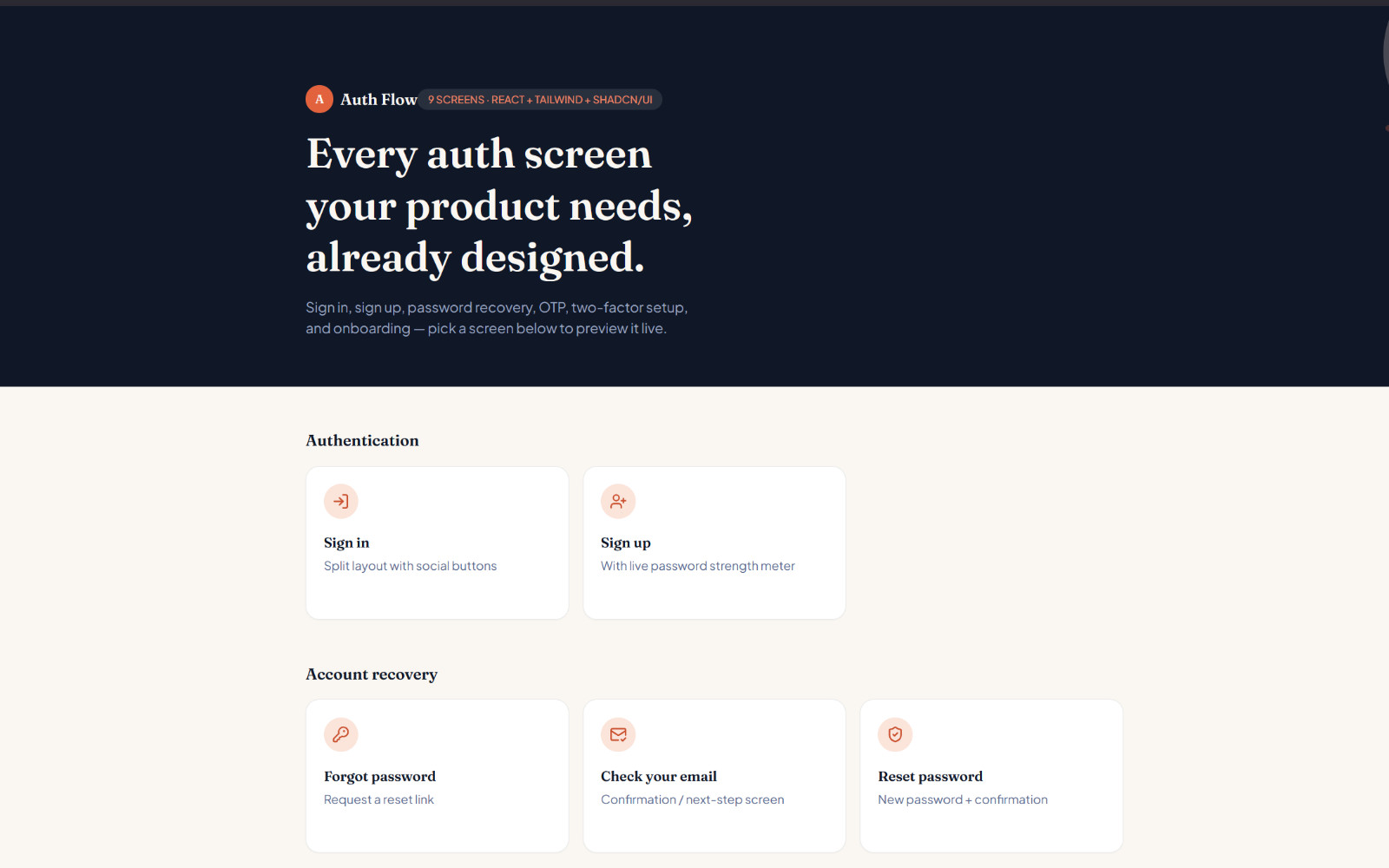 Auth Flow UI Kit — React + Tailwind + shadcn/ui