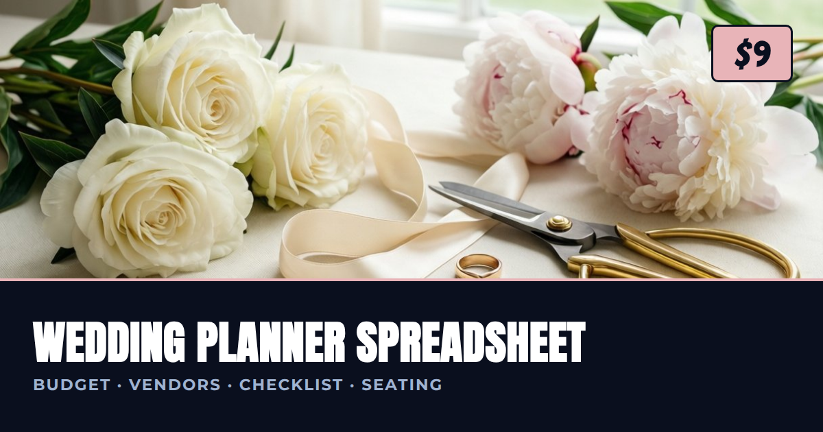 Wedding planner spreadsheet cover: budget, vendors, 12-month checklist, RSVP guest list and seating chart, dark and gold design