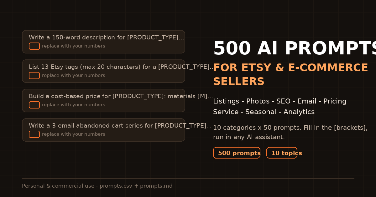 500 AI Prompts for Etsy & E-commerce Sellers: Listings, Photos, SEO, Marketing