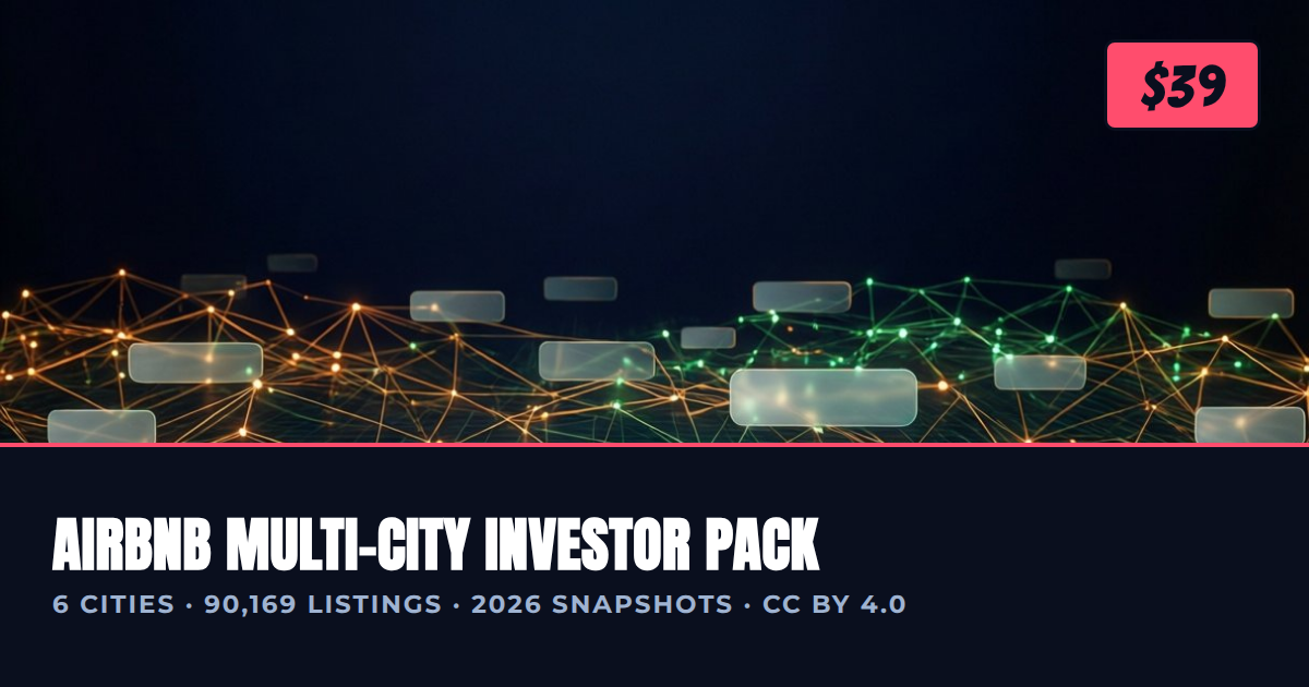 Cover for the Airbnb multi-city investor data pack: dark abstract data scene with pink accent bars and product title text