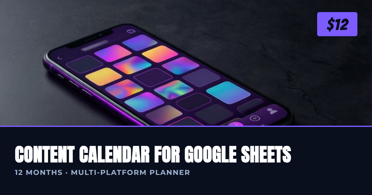Content calendar spreadsheet cover: 12 month tabs, multi-platform planner with status dropdowns