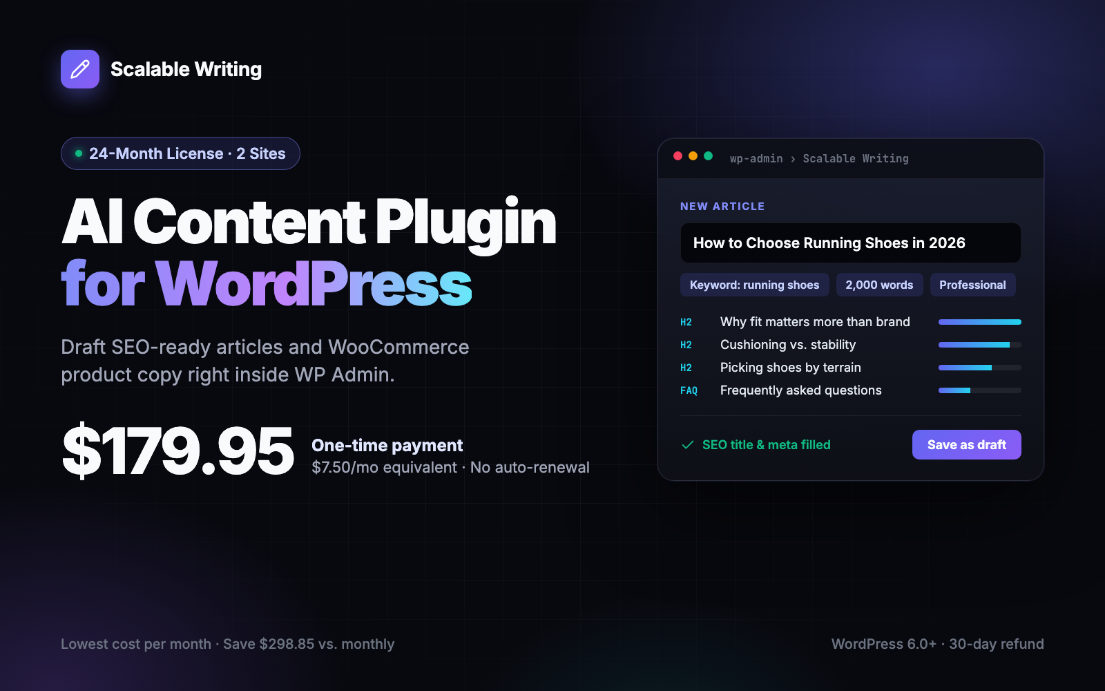 Scalable Writing AI Content Plugin for WordPress – 24-Month License (2 Sites)