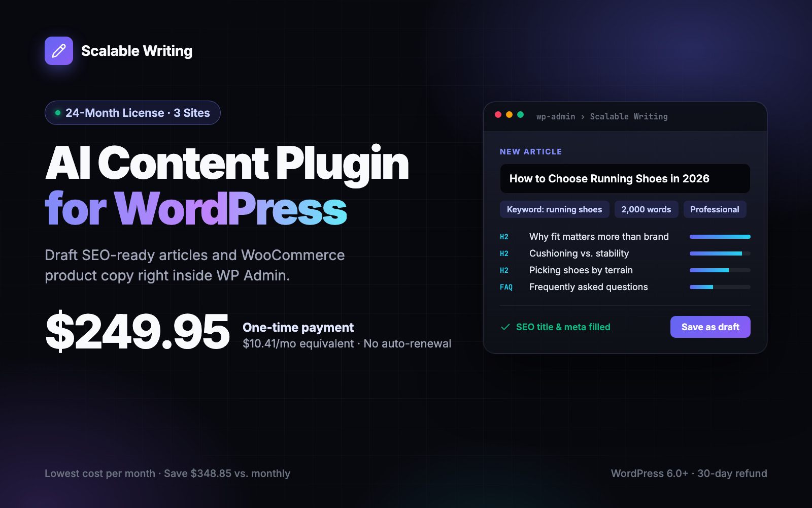 Scalable Writing AI Content Plugin for WordPress – 24-Month License (3 Sites)
