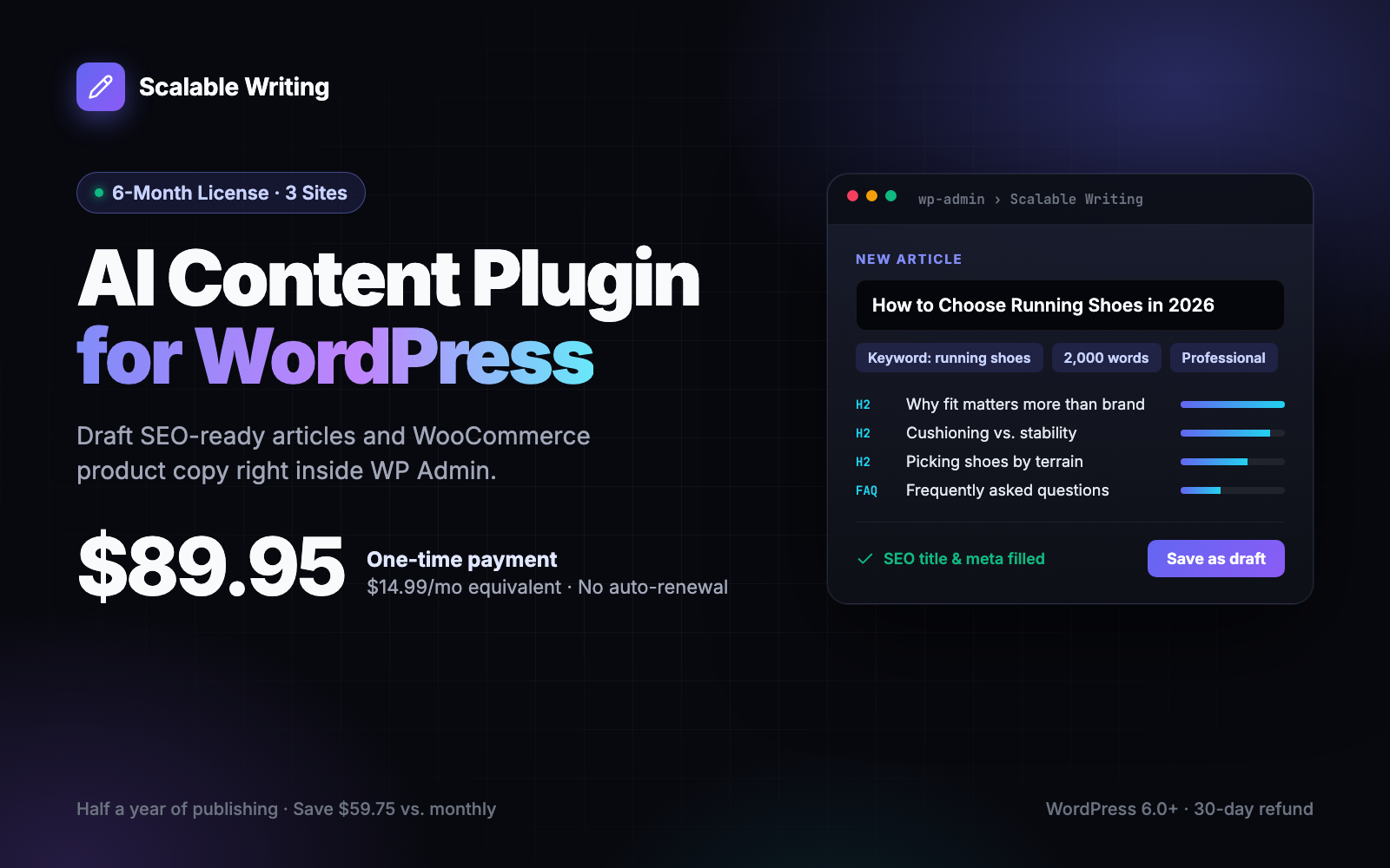 Scalable Writing AI Content Plugin for WordPress – 6-Month License (3 Sites)