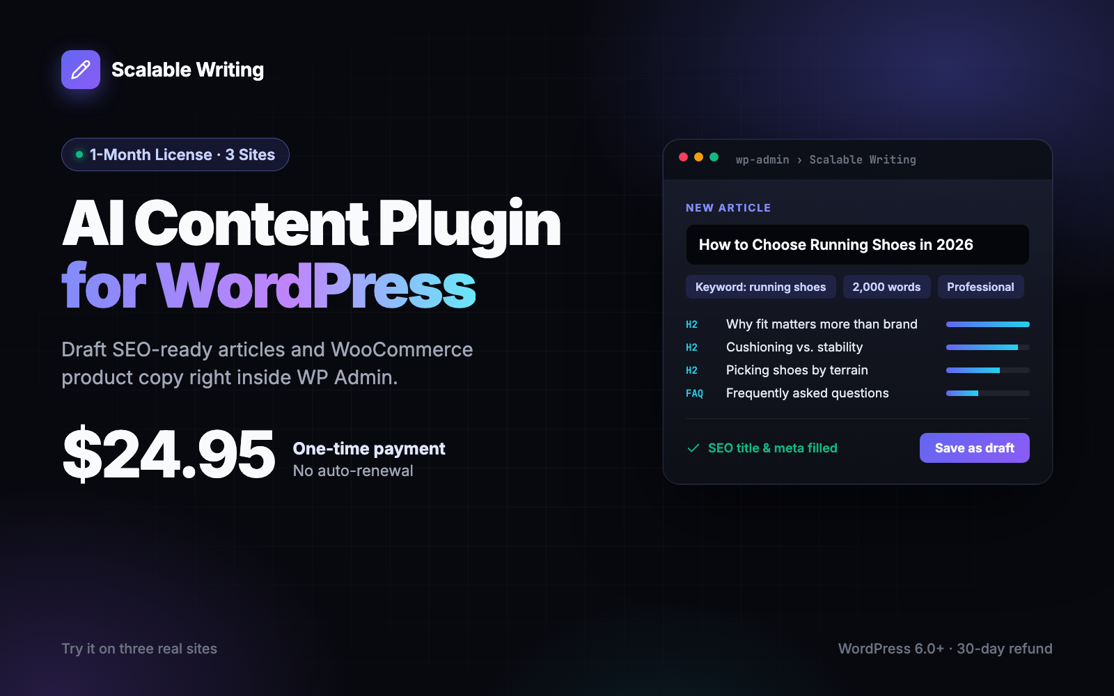 Scalable Writing AI Content Plugin for WordPress – 1-Month License (3 Sites)