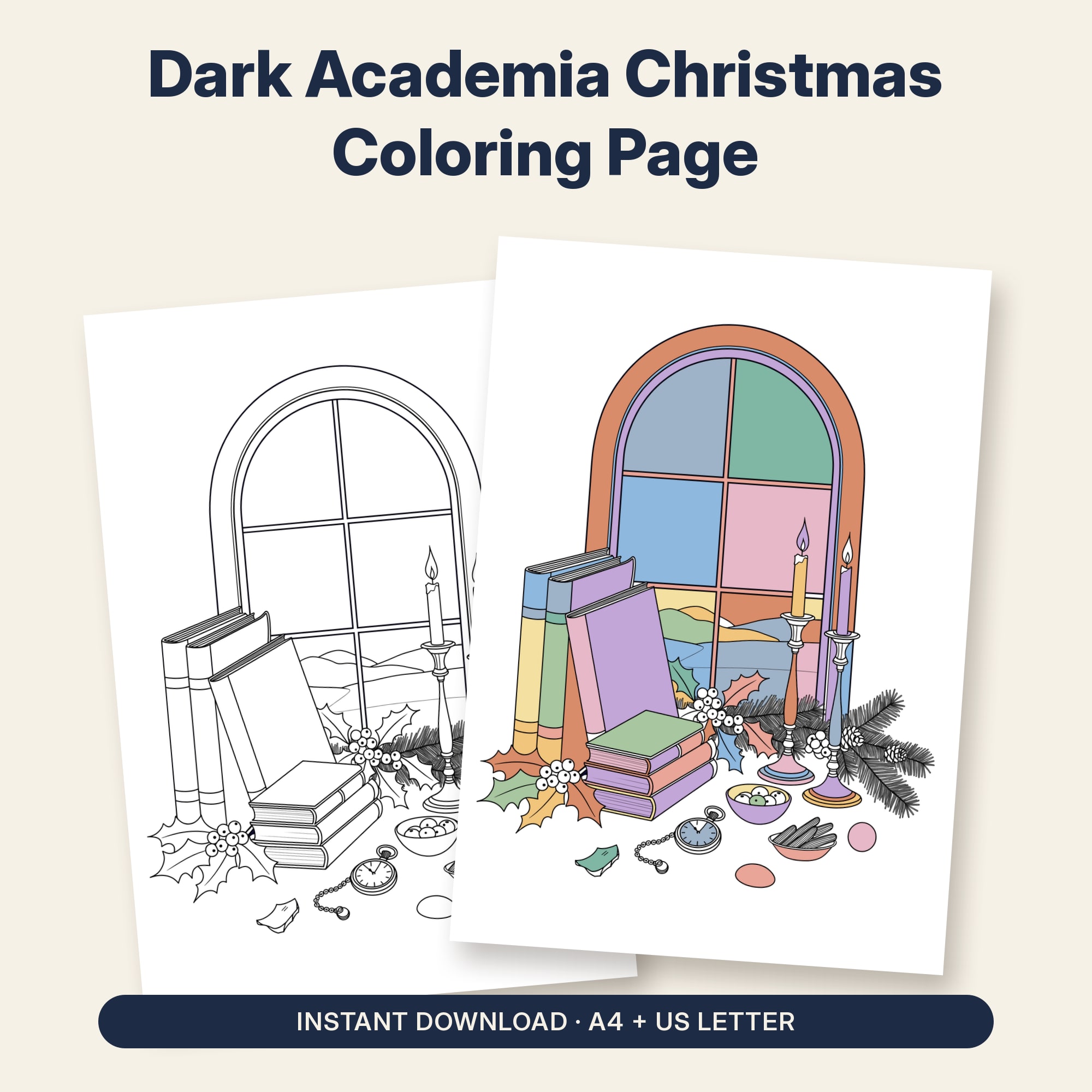 Dark Academia Christmas Coloring Page Printable, Candlelit Library Window Line Art, Cozy Adult Coloring Sheet, Instant Download