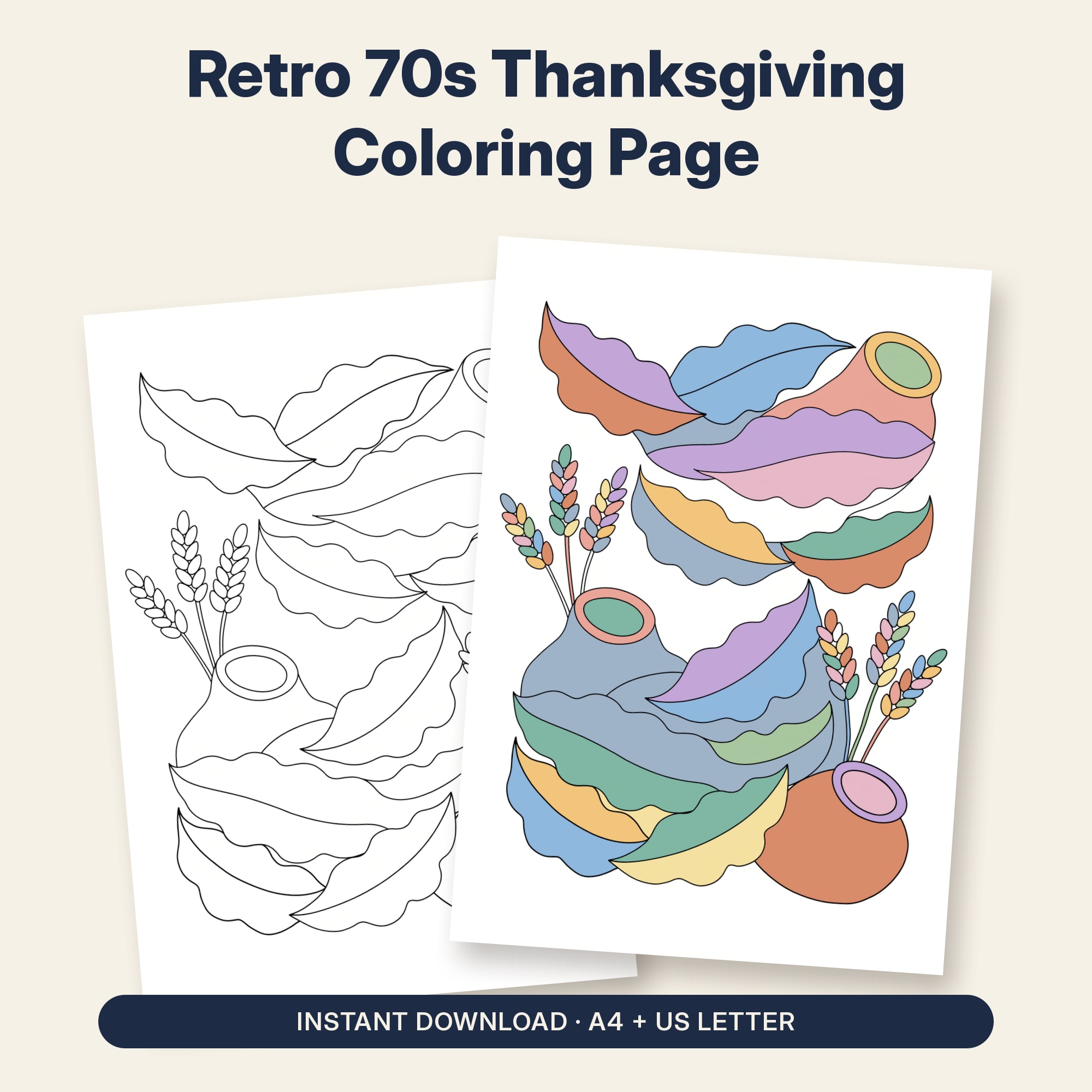 Retro 70s Thanksgiving Coloring Page Printable, Autumn Leaves & Gourds