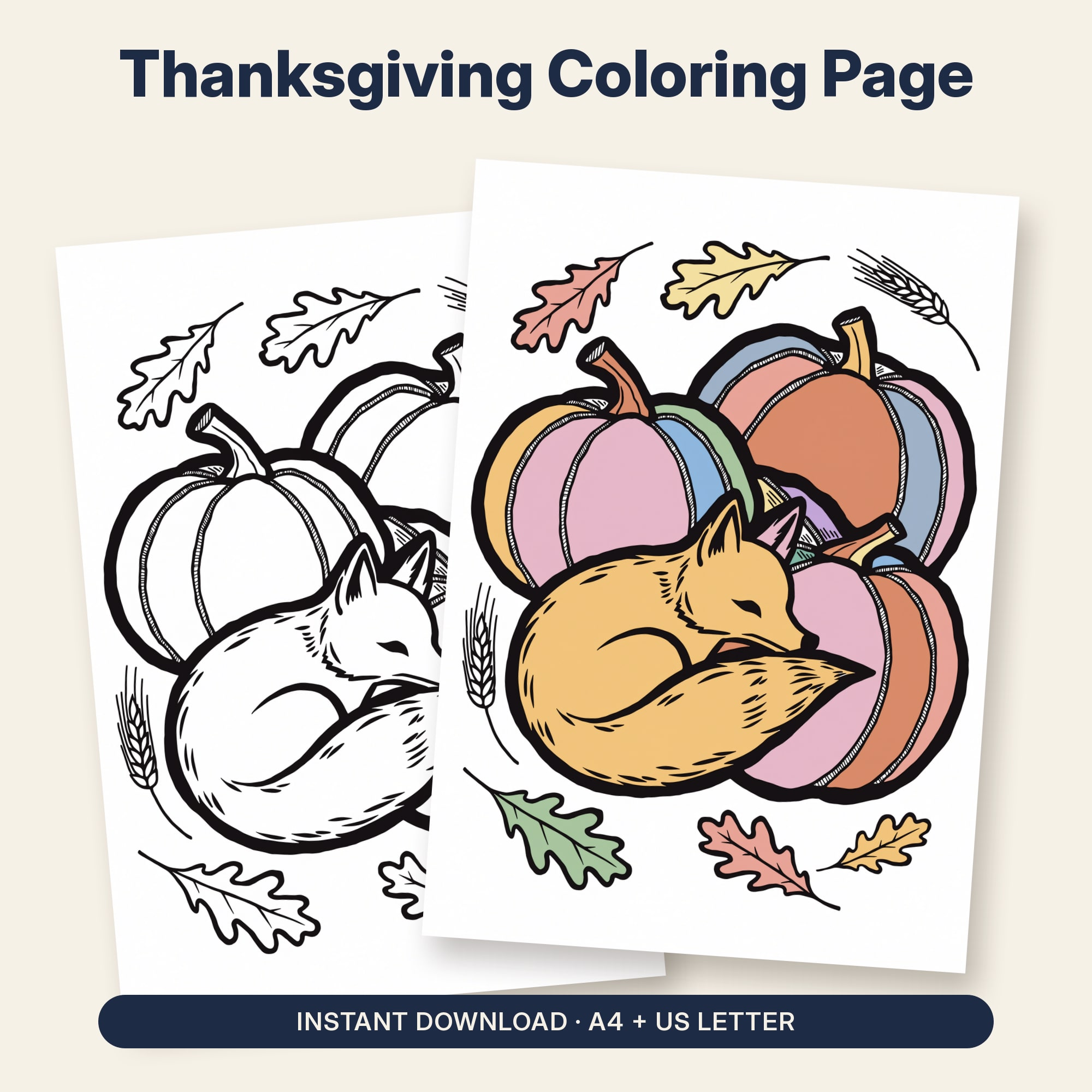 Thanksgiving Coloring Page Printable, Linocut Fox in Pumpkin | Getly