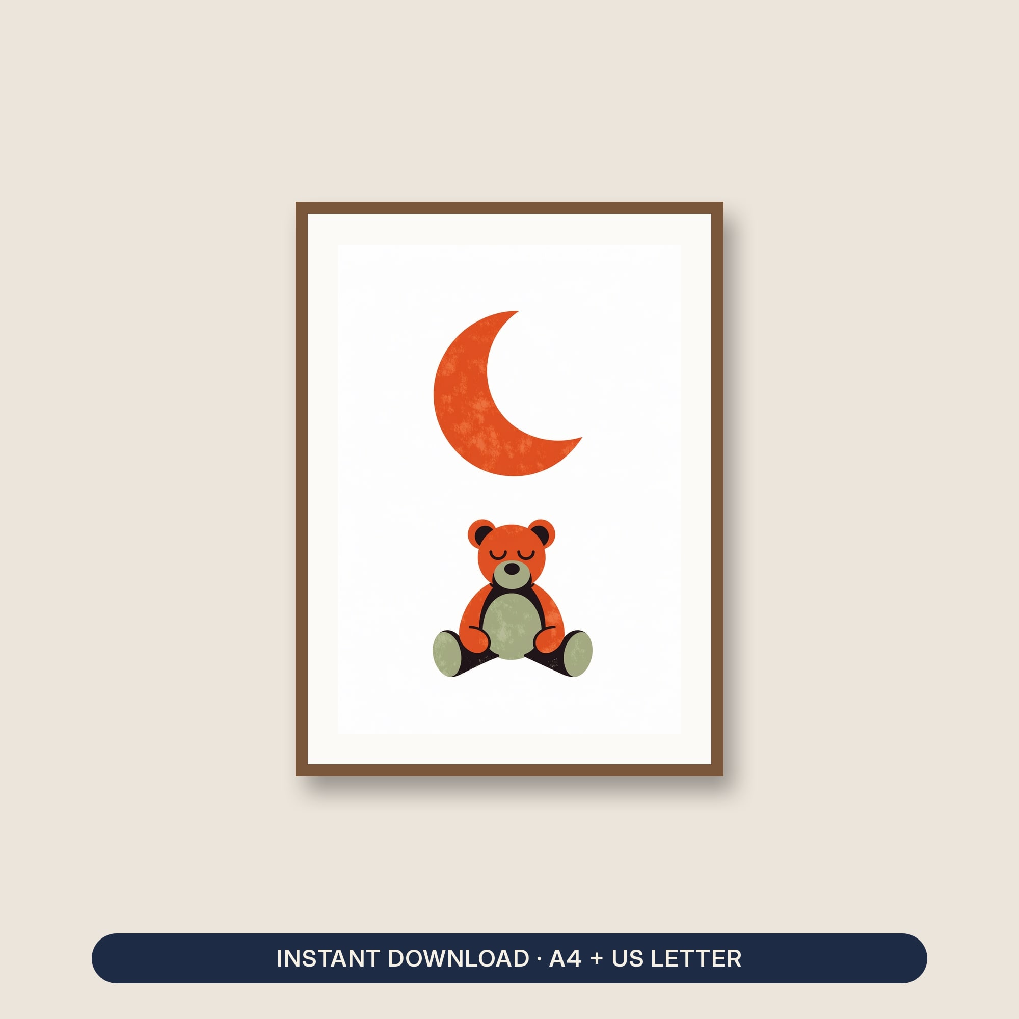 Nursery Wall Art Printable, Neutral Bear and Moon Print, Calm Baby Room Decor, Gender Neutral Nursery, Digital Download