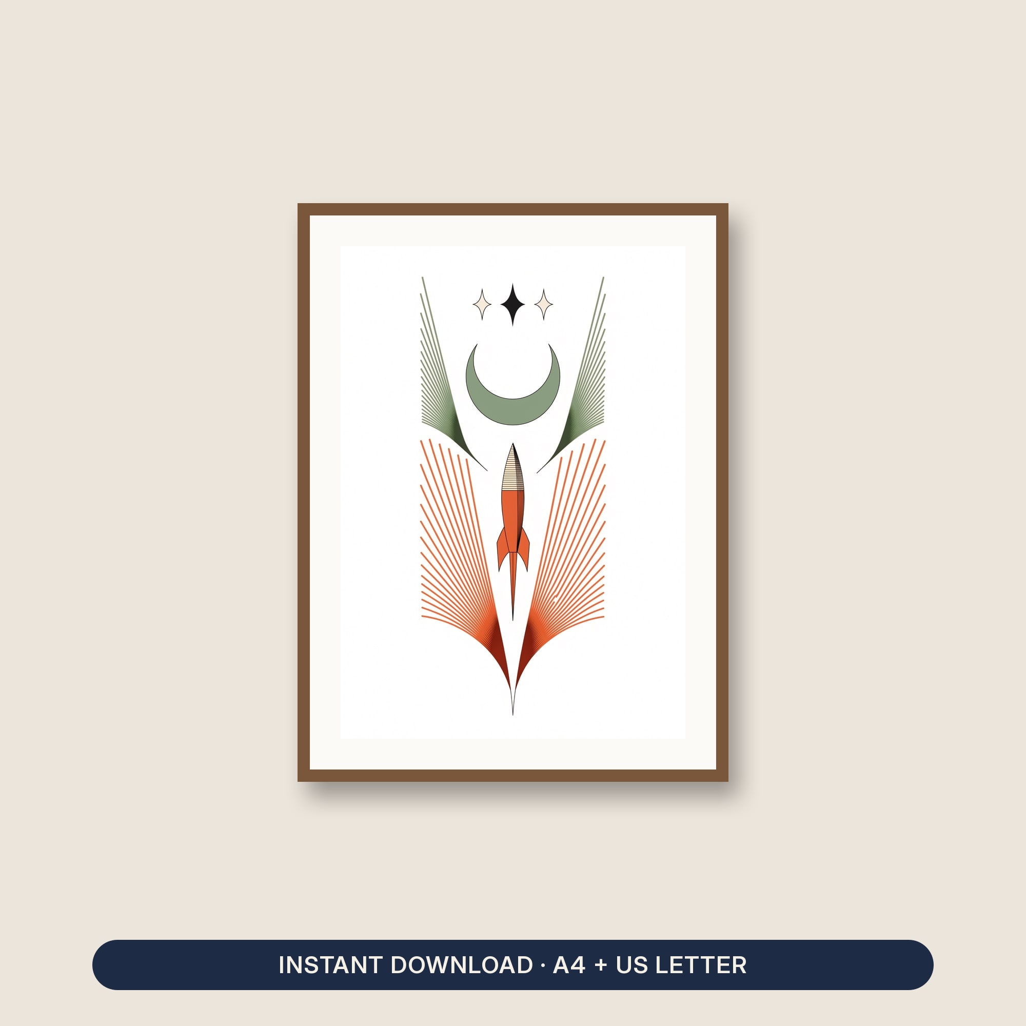 Space Nursery Wall Art Printable, Art Deco Rocket and Moon Print, Terracotta Kids Room Decor