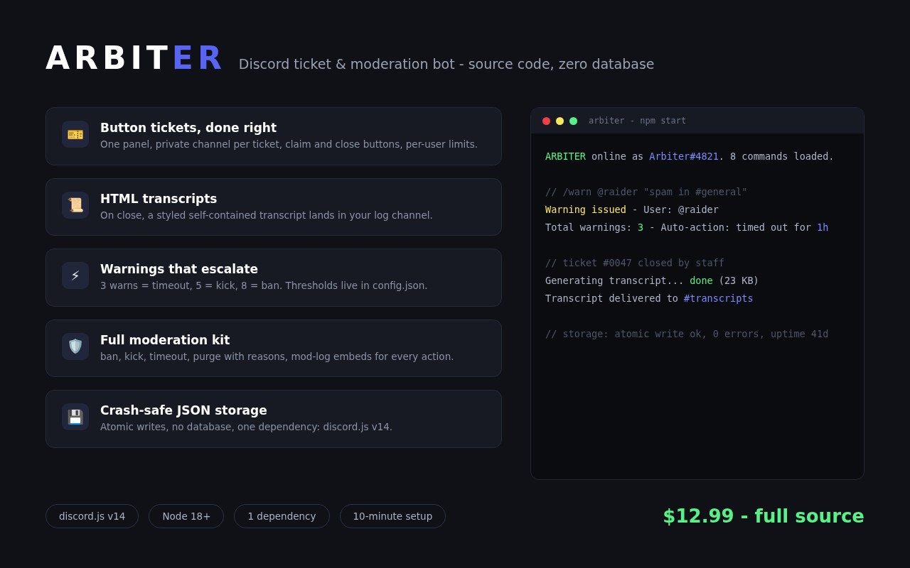 ARBITER | Discord Ticket Bot + Moderation Suite