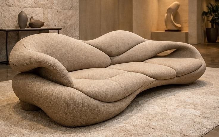 Sculptural beige upholstered lounge sofa