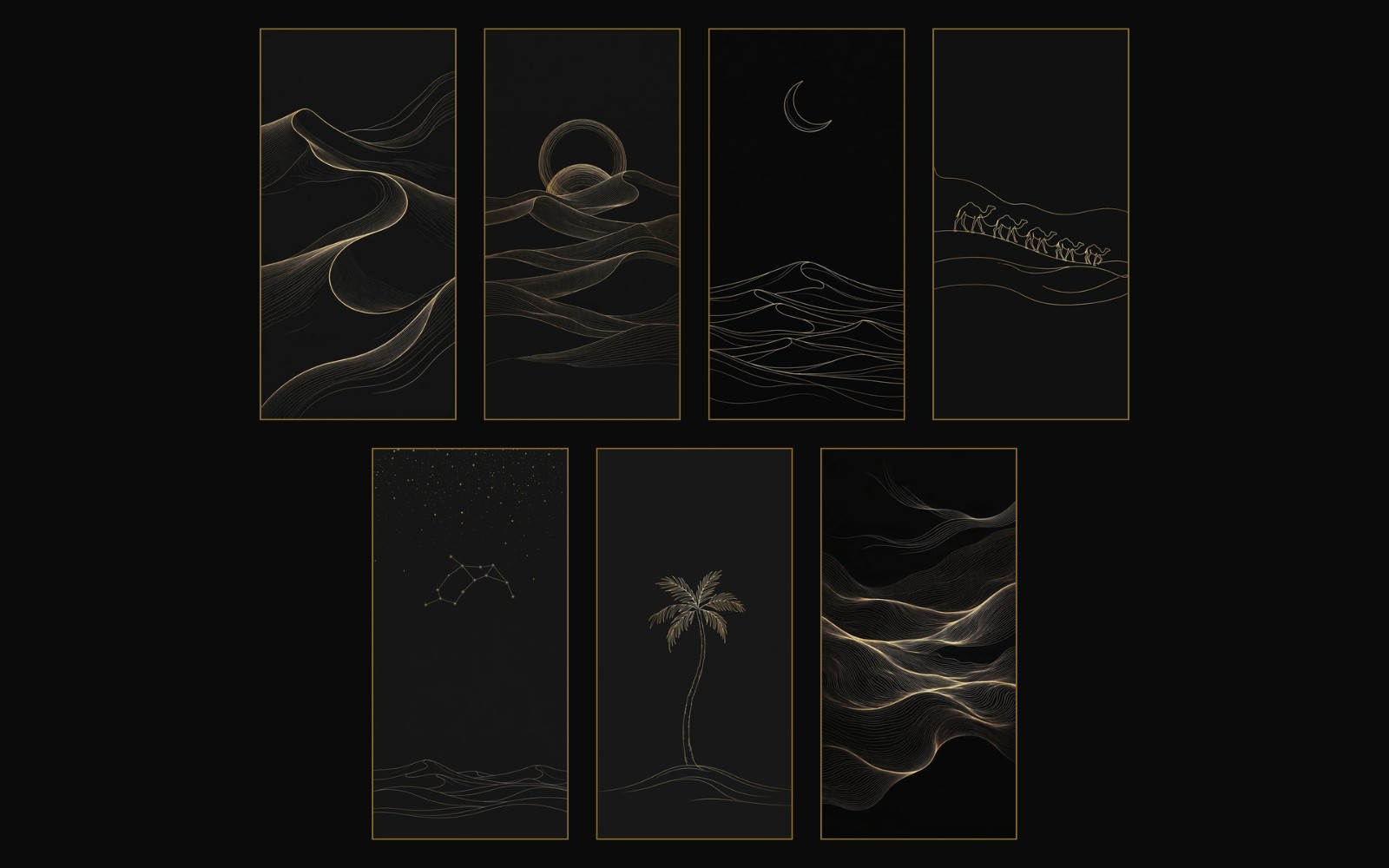 Desert Dunes Wall Art Set of 7 | Gold Line Art on Black | Minimalist Printable Download