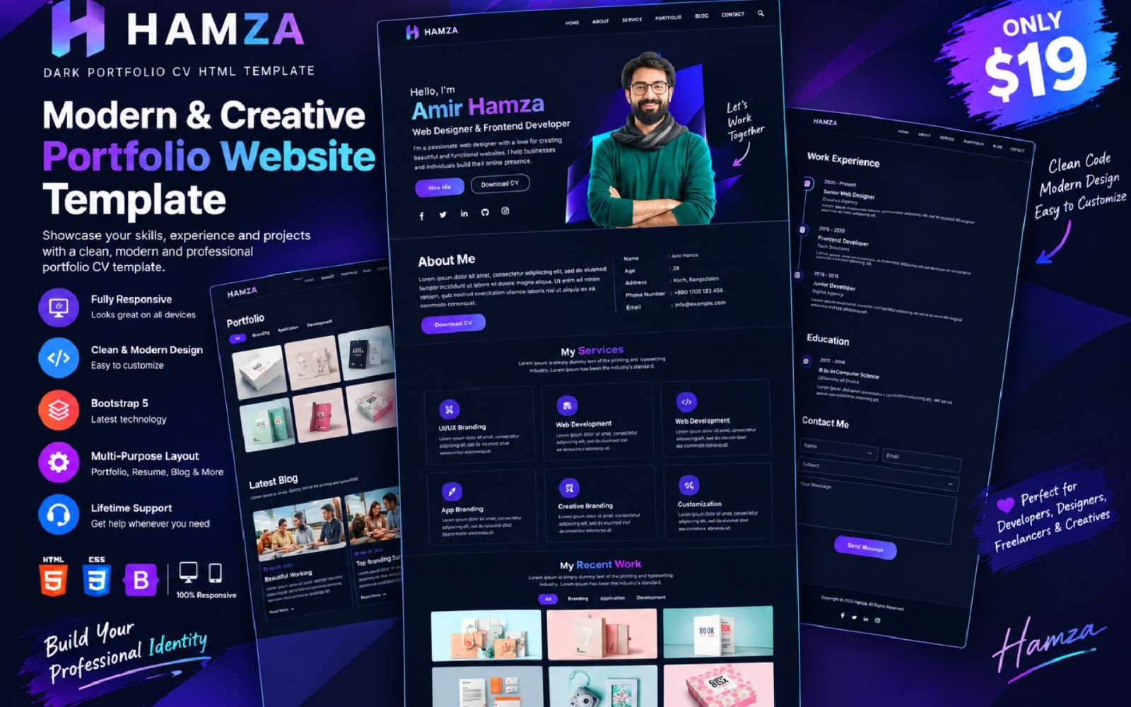 Hamza Dark Portfolio CV HTML Template | Getly