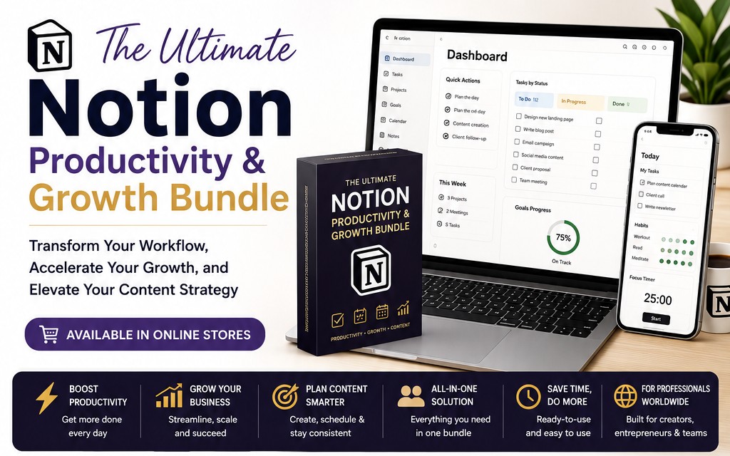 The Ultimate Notion Productivity & Growth Bundle Transform Your Workflow, Accelerate Your Growth, and Elevate Your Content Strategy