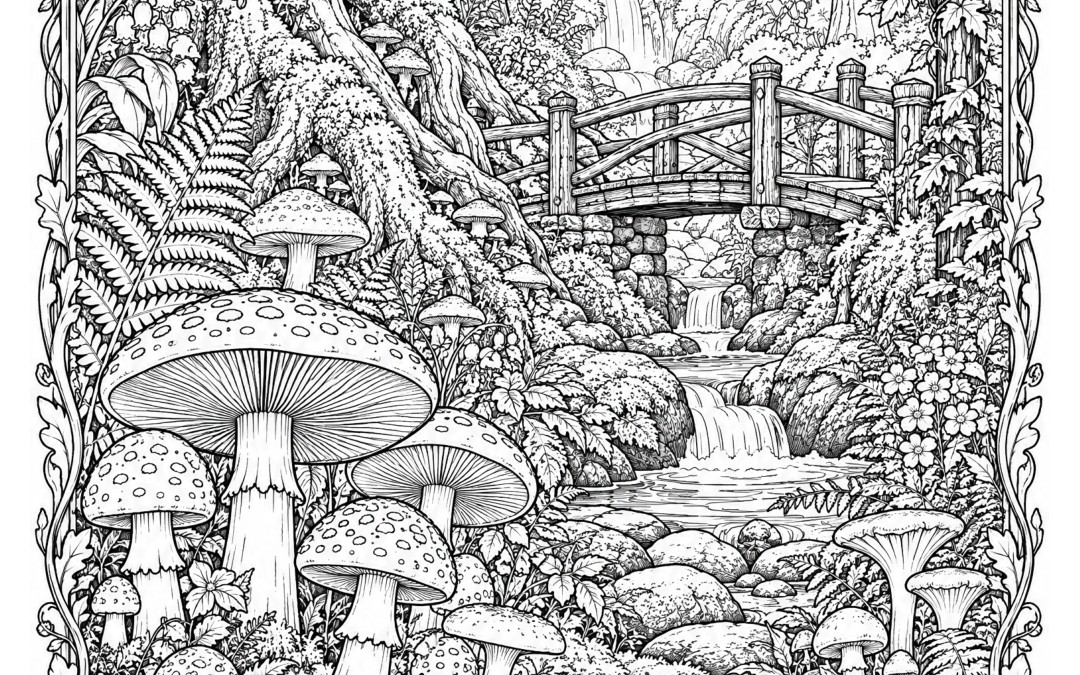 Mushroom Forest Coloring Page – Printable PDF | Detailed Adult Coloring