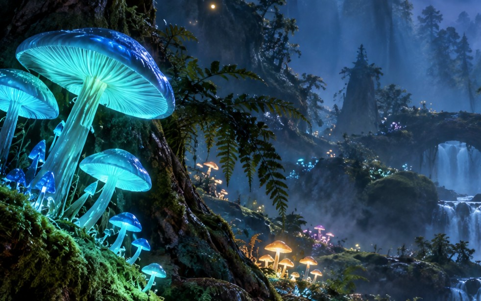 Enchanted Mushroom Forest Digital Background – Magical Night Wallpaper
