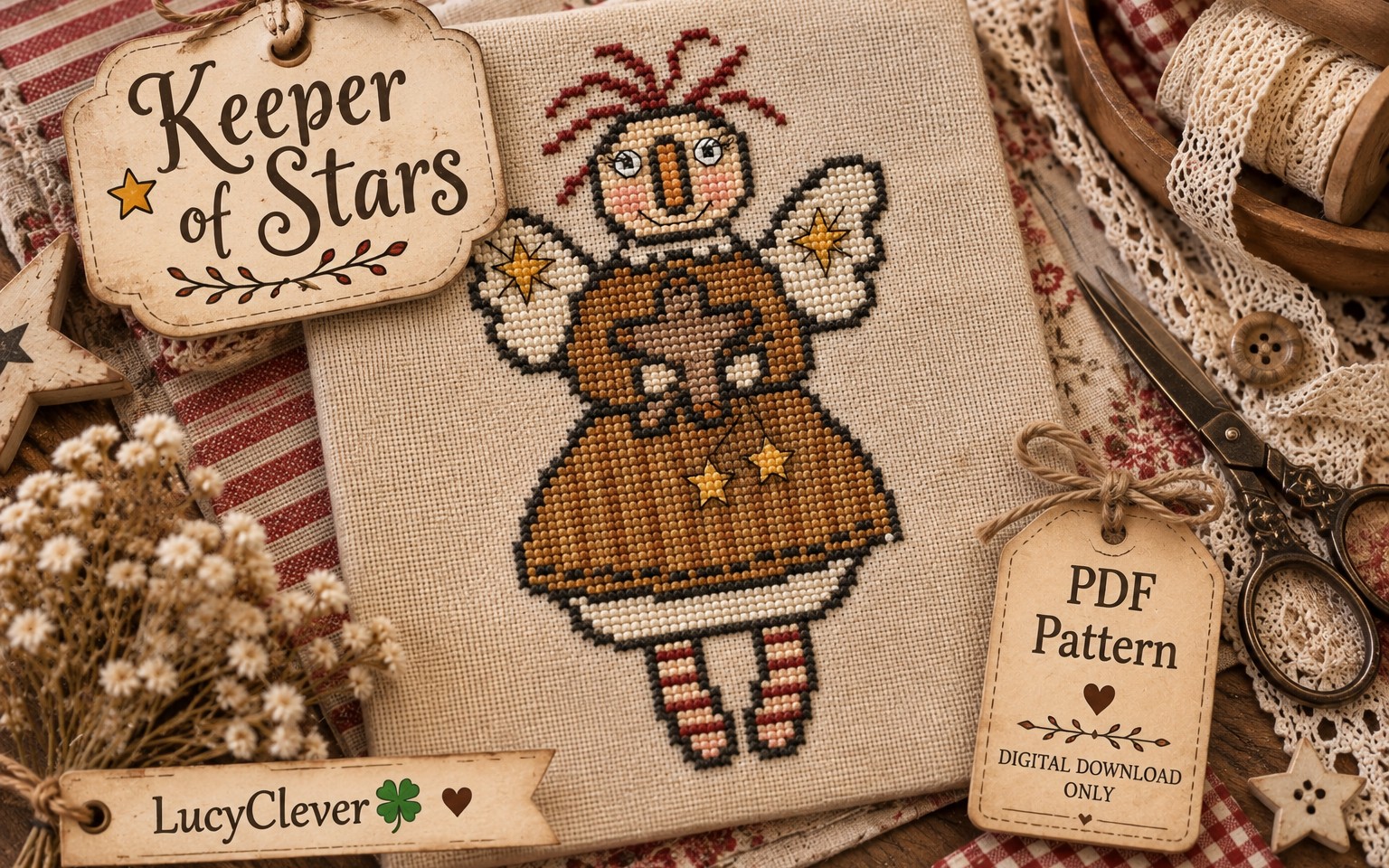 Keeper of Stars Cross Stitch Pattern PDF | Primitive Angel Cross Stitch | Folk Art Angel Sampler | Rustic Christmas Embroidery Pattern