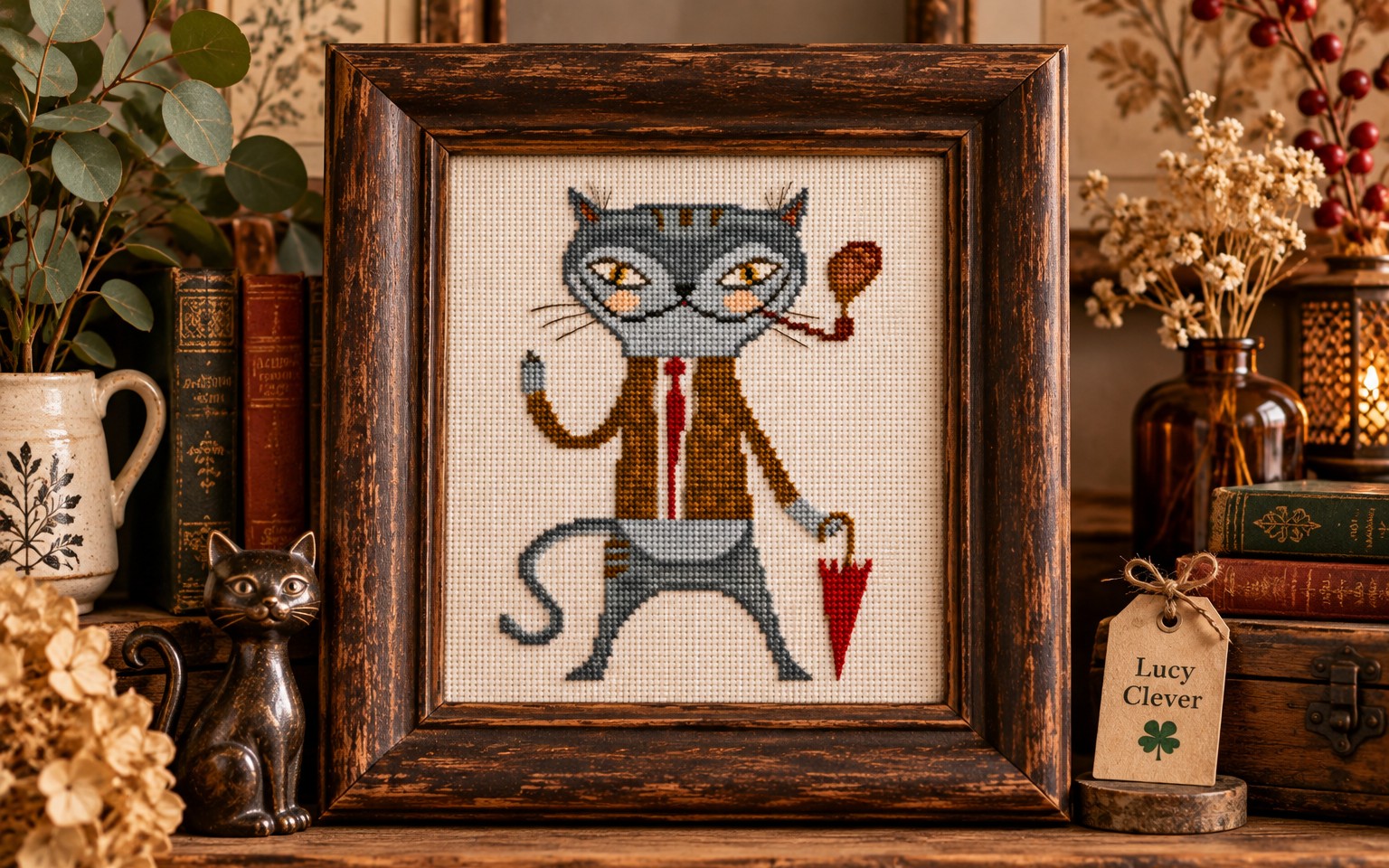 Sir Whiskers’ Rainy Day – Whimsical Cat Cross Stitch PDF Pattern