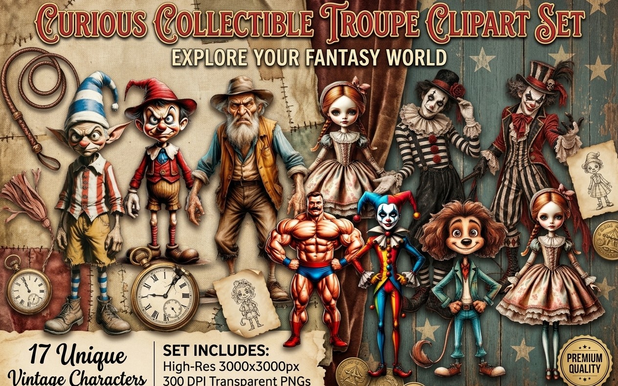 Curious Collectible Troupe Clipart Set | Vintage Dark Circus PNGs