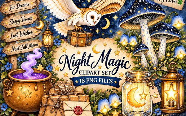 Night Magic Clipart Set – 18 Whimsical Celestial PNG Elements
