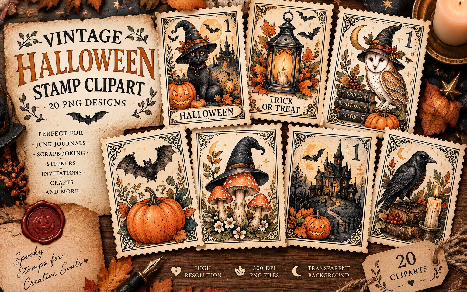 Vintage Halloween Stamp Clipart Bundle | 20 Halloween PNG | Witchy Postage Stamps, Black Cat, Pumpkin, Bat, Mushroom & Gothic Clipart | 300 DPI