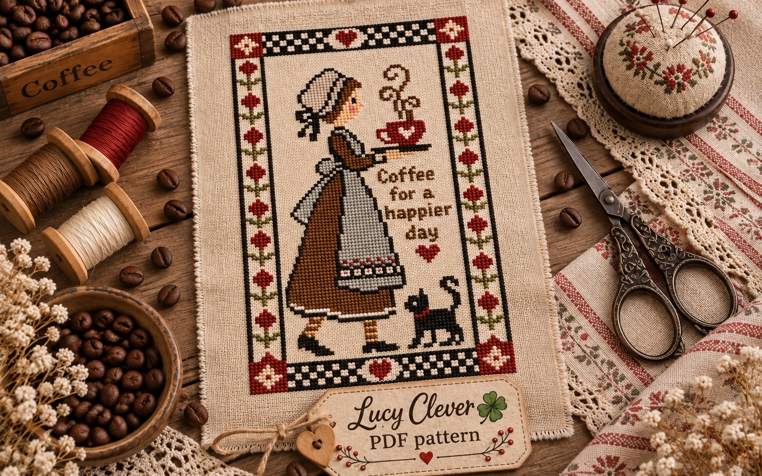 Coffee for a Happier Day Cross Stitch Pattern PDF | Primitive Coffee Sampler | Vintage Kitchen Cross Stitch | Folk Art Woman & Cat Embroidery