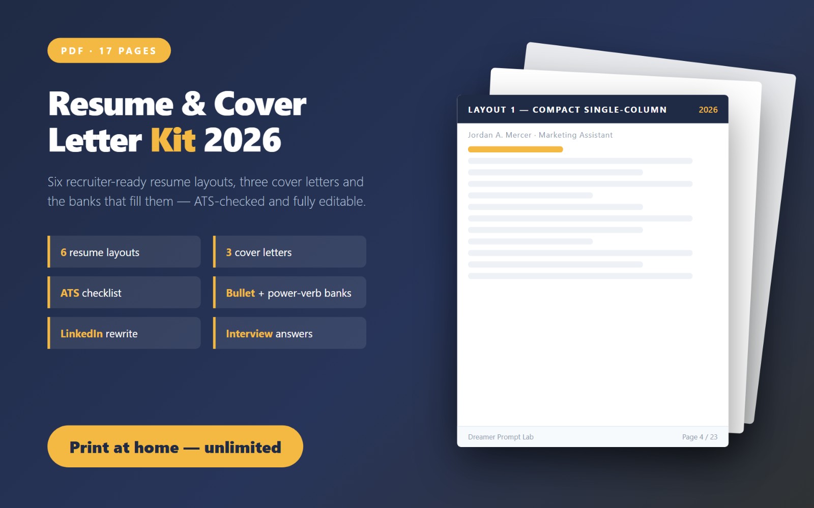 Resume and Cover Letter Kit 2026 — 6 ATS Resume Layouts, 3 Cover Letters, Bullet Bank, Power Verbs & Interview Answers (PDF)