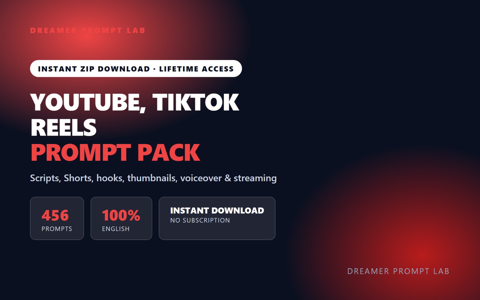 YouTube, TikTok & Reels Video Prompt Pack - 456 Prompts for Scripts, Shorts, hooks, thumbnails, voiceover & streaming