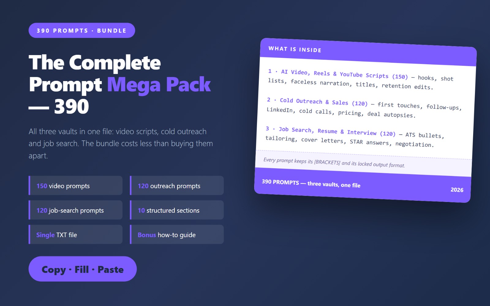 390 AI Prompt Mega Pack — Video Scripts + Cold Outreach + Job Search Vault in One Download (ChatGPT, Claude, Gemini)