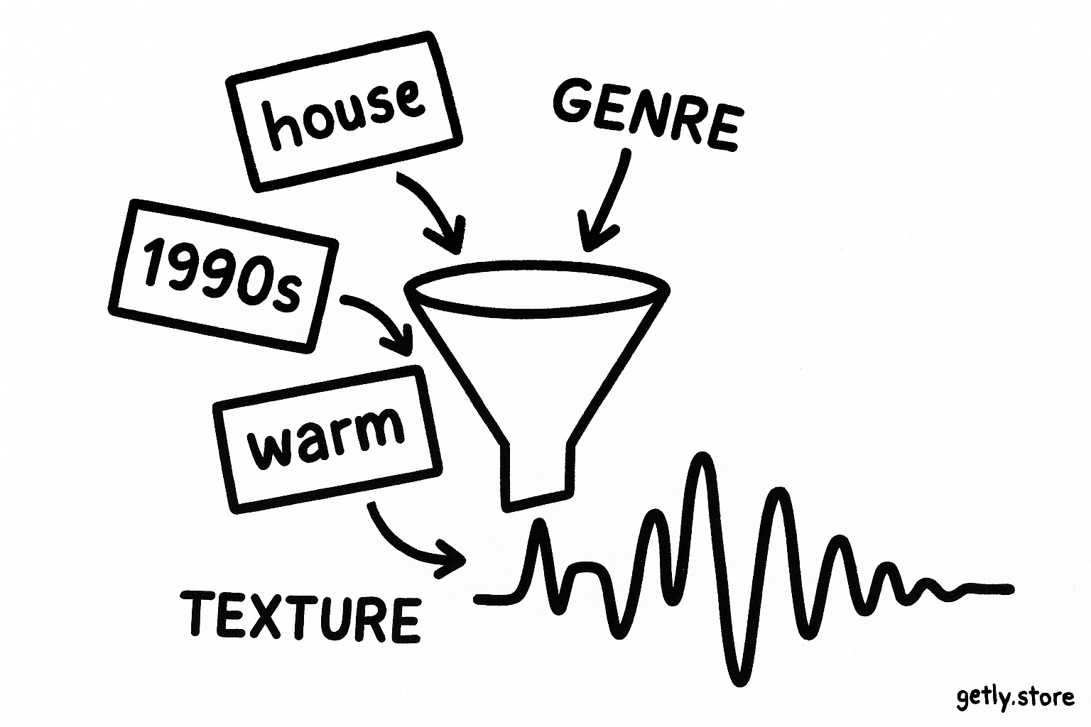 a funnel made from genre cards narrowing into a music waveform, with labels "GENRE", "ERA", "TEXTURE" and cards reading "house", "1990s", "warm"