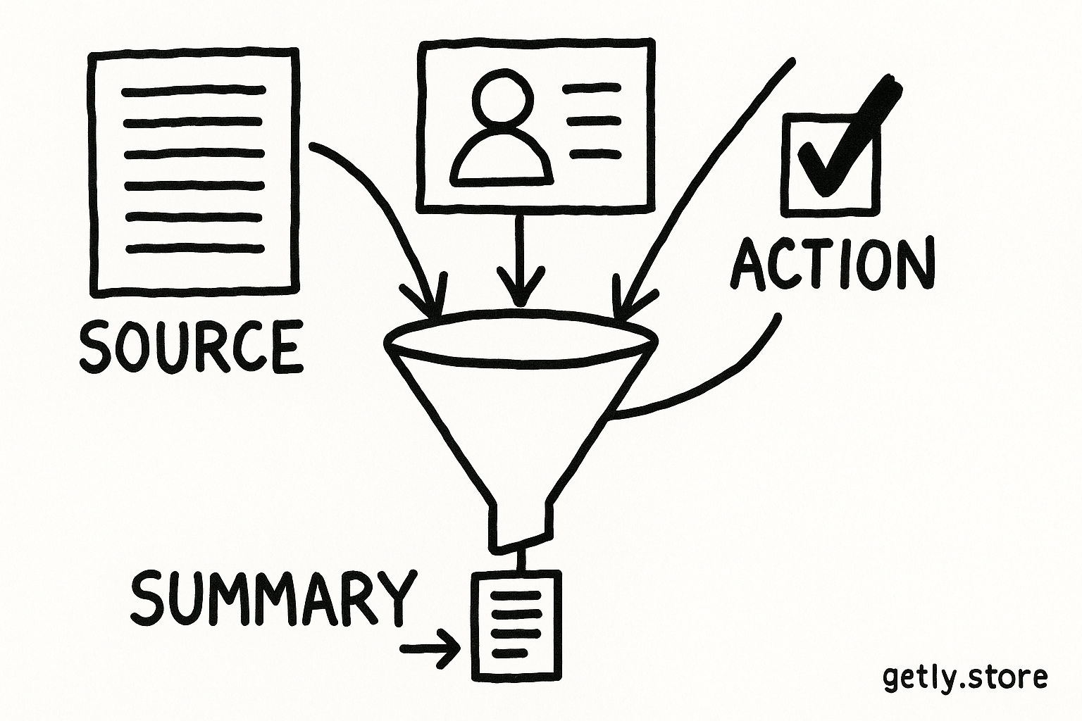 a funnel containing a long document, audience card, and decision checkmark, with arrows into a short summary and labels "SOURCE", "READER", "ACTION"