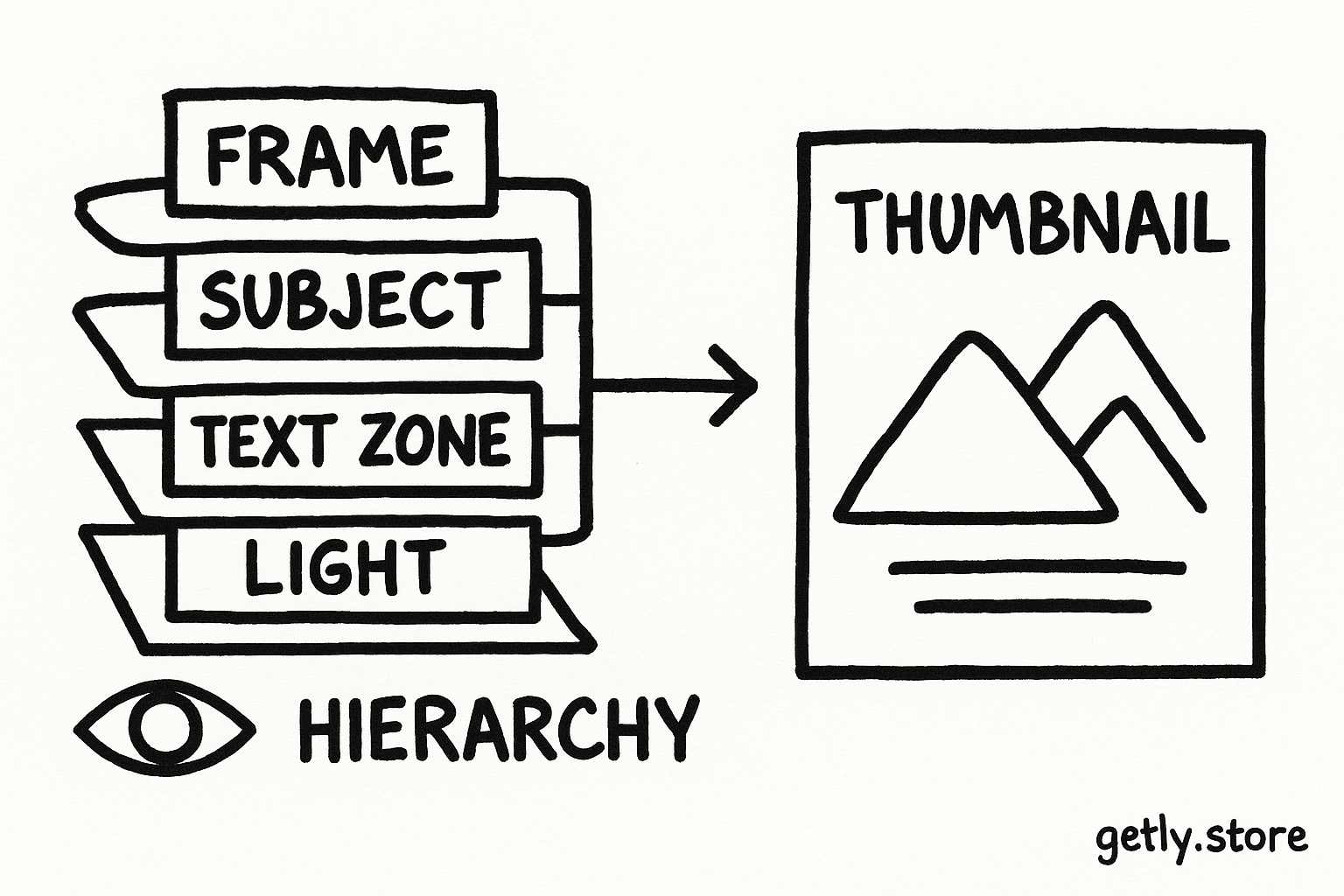 a five-layer prompt stack pointing to a cover thumbnail, with blocks labeled "FRAME", "SUBJECT", "TEXT ZONE", "LIGHT", "FINISH" and an eye icon labeled "HIERARCHY"