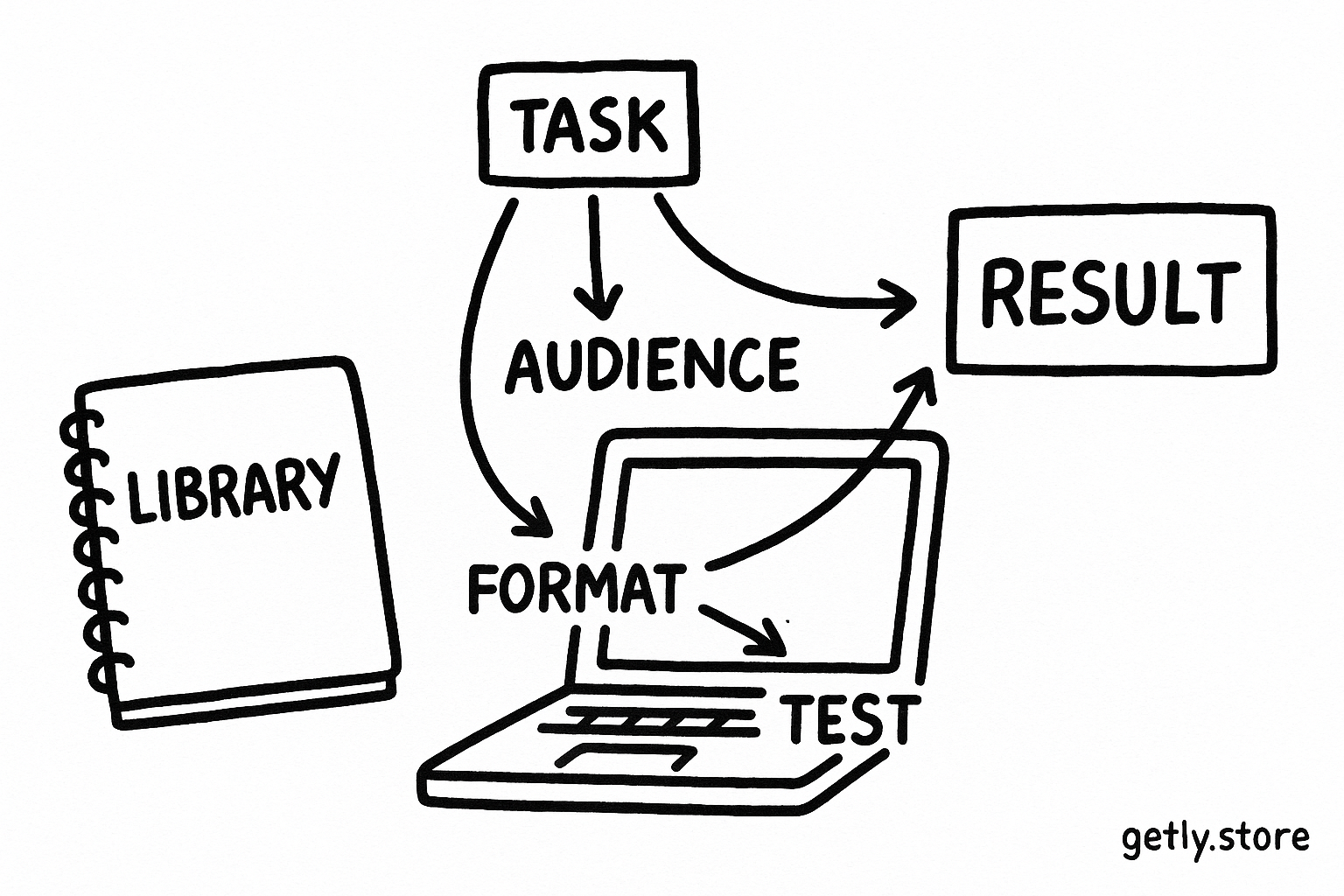 a notebook page beside a laptop with arrows from a task card into fields labeled "AUDIENCE", "FORMAT", "TEST" and a finished output card labeled "RESULT"
