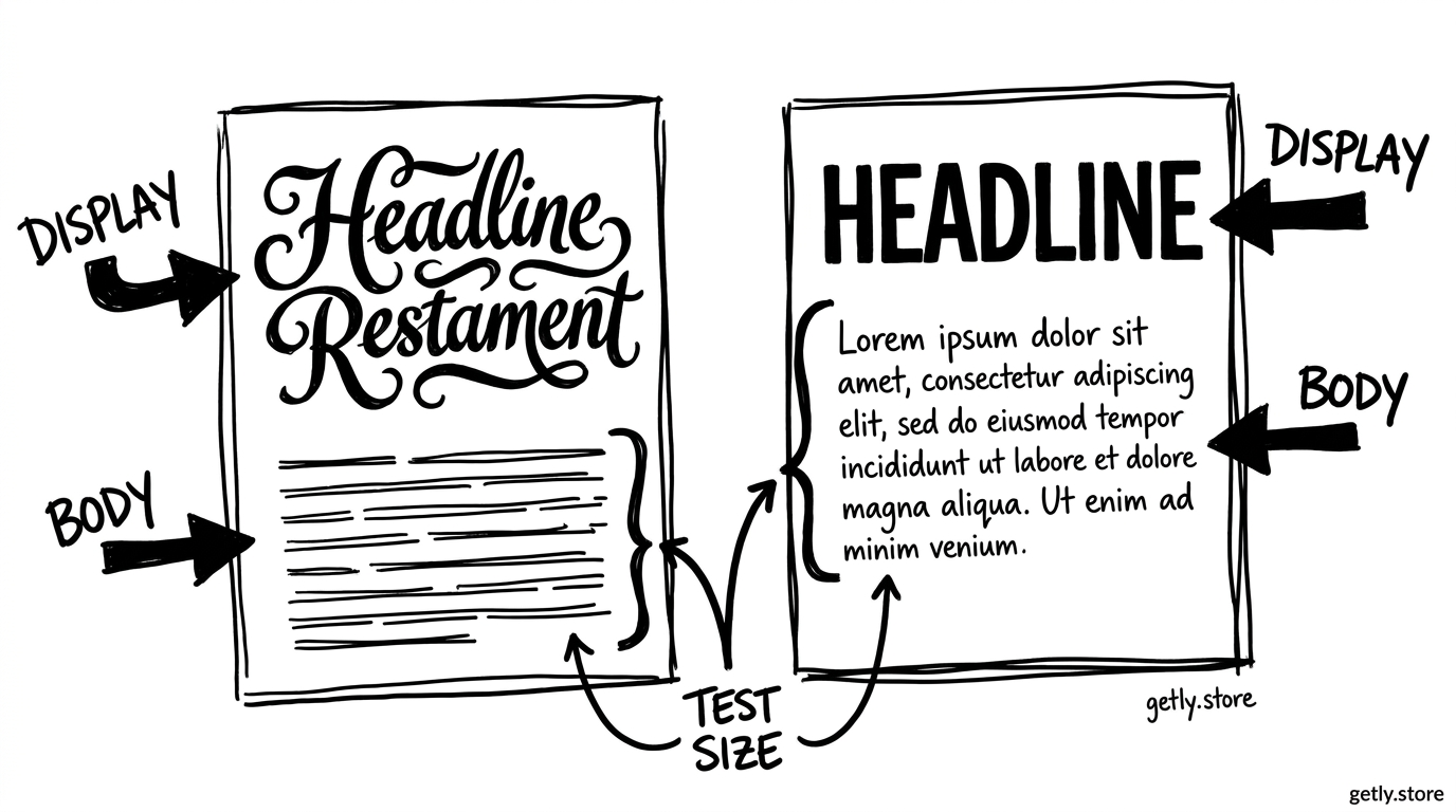 two type specimens on printed cards, one ornate headline above a plain paragraph and one plain headline above a readable paragraph, with arrows to labels "DISPLAY", "BODY", "TEST SIZE"